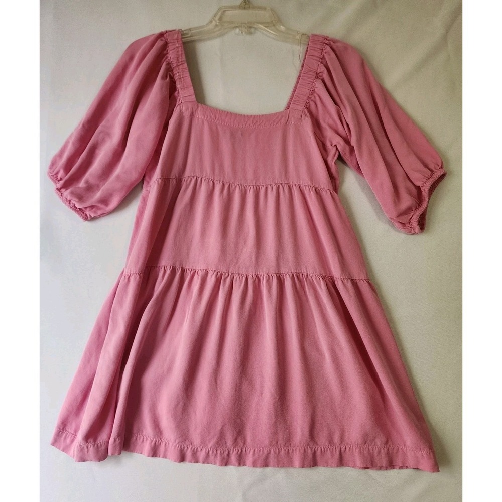 Shinestar Pink Babydoll Mini Dress Small Puff Sleeve Square Neck 100% Rayon